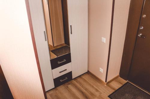 a small bathroom with a mirror and a closet at Viktoria Apartment in Narva