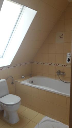a bathroom with a toilet and a bath tub at Apartamenty Gościnne Med-Palace in Niemodlin