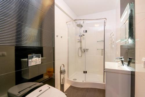 a bathroom with a shower and a toilet and a sink at Apartamenty Amon z widokiem na morze in Darlowko