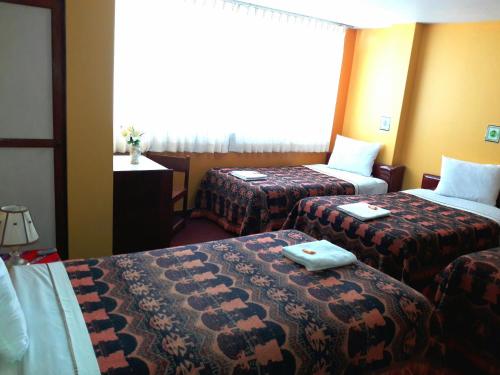 Cette chambre comprend 2 lits et une fenêtre. dans l'établissement Ayma Hostel Puno, à Puno