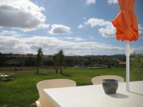 a table with a vase on top of it with a field at Quinta de Moledos in Aljezur