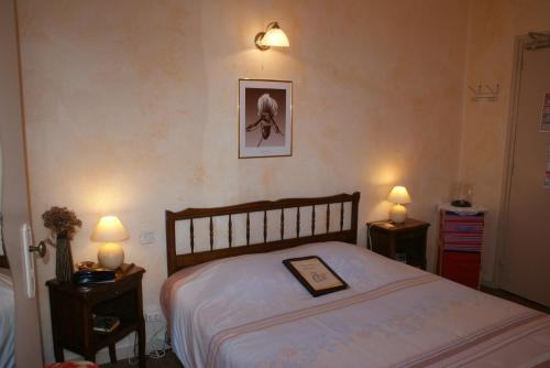 een slaapkamer met een bed met een foto aan de muur bij Hôtel le Dauphin in Moulins-la-Marche