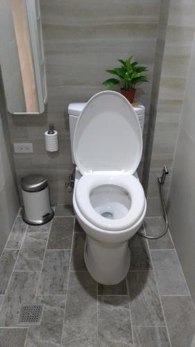 a white toilet in a bathroom with a plant at YF 97.1 in Tainan