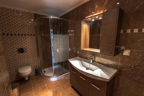 a bathroom with a sink and a shower and a toilet at Dryades Apartments & Studios in Skala Potamias