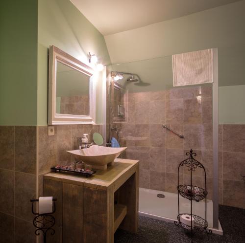 a bathroom with a sink and a shower at B&B AntiQua & Qook in Tongeren