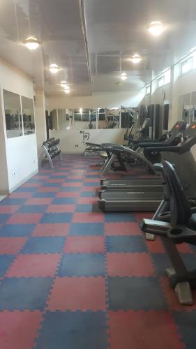 a gym with several treadmills and elliptical machines at Friendship International Hotel in Addis Ababa