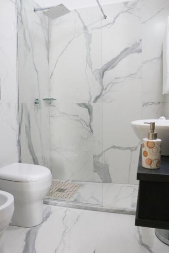 a bathroom with a shower and a toilet and a sink at B&B Vacanze Salento in Torre San Giovanni Ugento