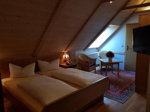 ein Schlafzimmer mit einem großen Bett und einem TV in der Unterkunft Bergpension Lang in Mitterteich