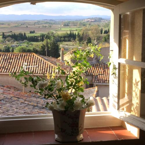 a potted plant sitting on a window sill with a view at Chez les artistes in Servian