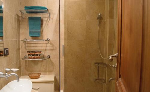 a bathroom with a shower with a sink and a toilet at My House Buenos Aires II in Buenos Aires