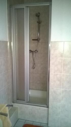 a shower with a glass door in a bathroom at Gäste Monteurzimmer Haus Südstadt in Solingen
