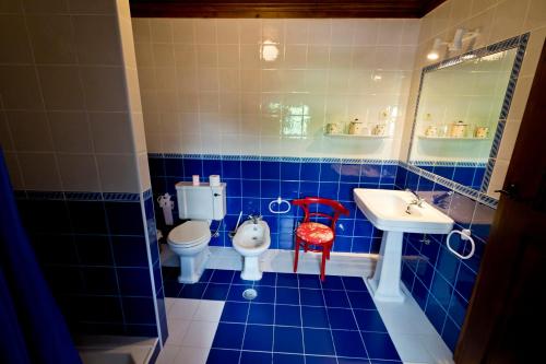 a blue tiled bathroom with a toilet and a sink at Solar Olivas Apartments in Carvalhal