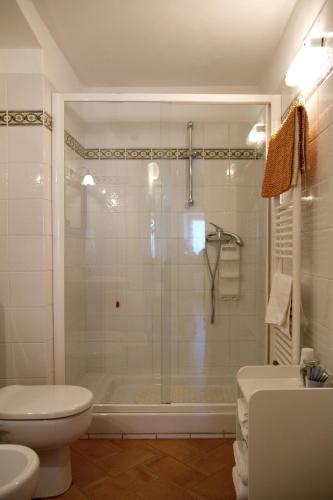 a bathroom with a shower and a toilet and a sink at L'Antica Pieve Bed & Breakfast in Levanto