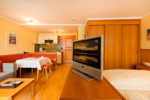 a living room with a large flat screen tv at Appartements Monuth in Bad Hofgastein