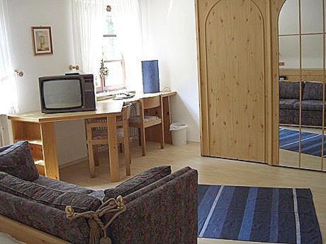 ein Wohnzimmer mit einem Sofa und einem Tisch mit einem TV in der Unterkunft Landhotel Niederthäler Hof in Schloßböckelheim