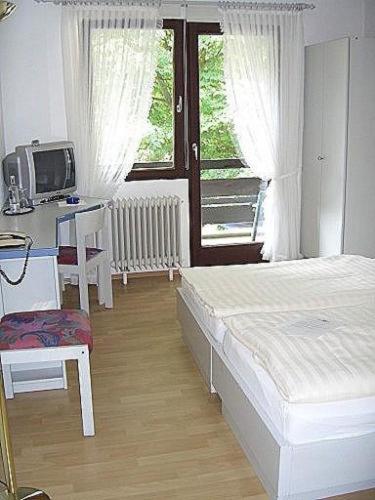 a bedroom with a bed and a desk and a television at Landhotel Niederthäler Hof in Schloßböckelheim