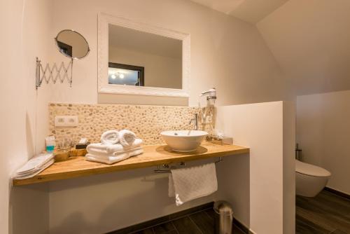 a bathroom with a sink and a mirror at B&B Villa Verde in De Haan