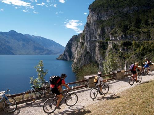 a group of people riding bikes on a path near a lake at Hotel Sole Relax & Panorama in Riva del Garda