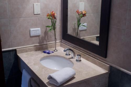 a bathroom sink with a mirror and a vase of flowers at Cabañas del Golf in La Cumbre