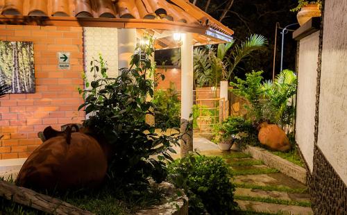 a house with a large flower pot in the yard at Sumaj Casa Hotel in Tarapoto
