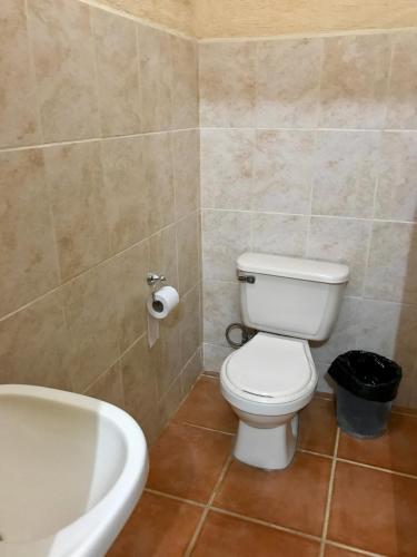 a bathroom with a toilet and a tub and a sink at La Palapa Hut Nature Hostel in Puerto Jiménez