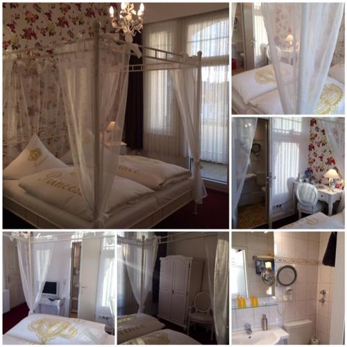 a collage of photos of a bedroom with a bed and a bathroom at Kurvilla Fürstin Pauline in Bad Salzuflen