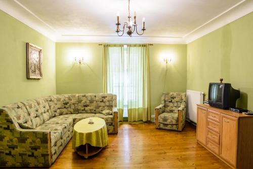 Una sala de estar con un sofá, una mesa y un televisor. en Jizdarna Zamek Skalice, en Čkyně