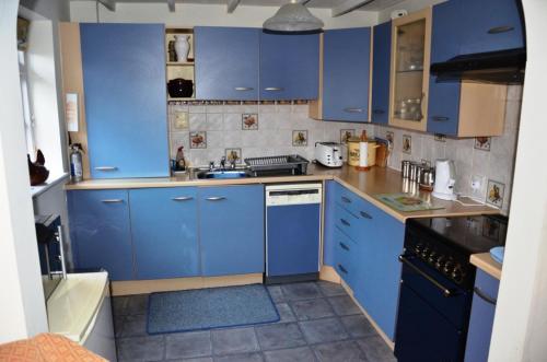 niebieska kuchnia z niebieskimi szafkami i zlewem w obiekcie The Little Elbow Room w mieście Totnes
