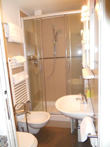 ein Bad mit einer Dusche, einem Waschbecken und einem WC in der Unterkunft Corte Lucatella in Venedig