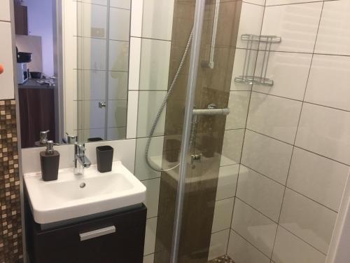 a bathroom with a sink and a shower at Villa Mona Lisa in Hévíz