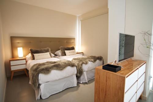 a bedroom with two beds and a television in it at Welcome My Vera in Buenos Aires
