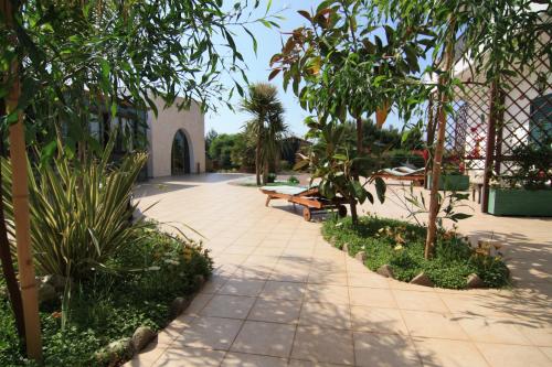 patio z ławką oraz drzewami i roślinami w obiekcie Levante Hotel w mieście Isla de San Domino
