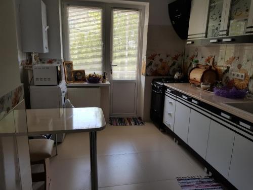 a kitchen with a sink and a stove top oven at Hotel Confort Drochia in Drochia