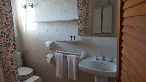 La petite salle de bains est pourvue d'un lavabo et de toilettes. dans l'établissement Hostal Sa Barraca - Adults Only, à Begur