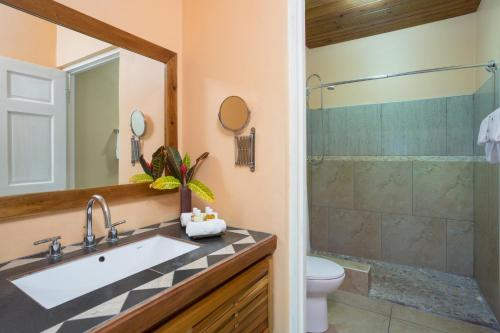 La salle de bains est pourvue d'un lavabo et d'une douche. dans l'établissement Luna Sea Inn, à Bluefields