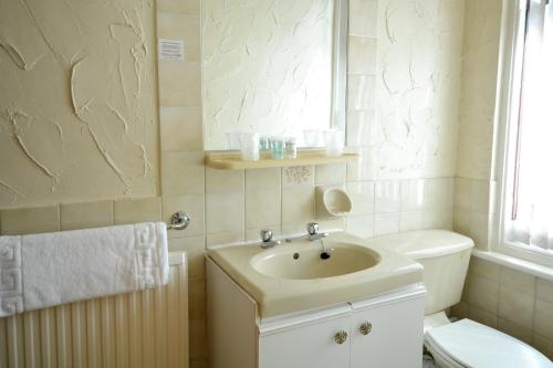 baño con lavabo y aseo y ventana en Royal Oakwell Hotel, en Blackpool