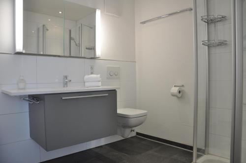 een badkamer met een wastafel, een toilet en een spiegel bij Ferienwohnung Fischbach in Friedrichshafen