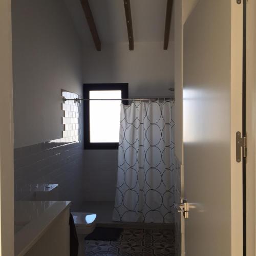 a bathroom with a shower with a toilet and a window at La Casa de las Tias in Villanueva de Córdoba