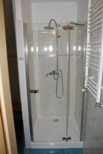 a shower with a glass door in a bathroom at Apartamenty Rodzinne in Wojciechy