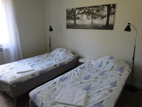 een slaapkamer met 2 bedden en een foto aan de muur bij Ekbackens Vandrarhem in Katrineholm