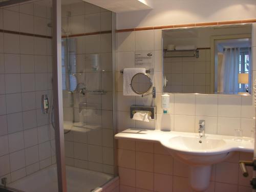 レーダ・ヴィーデンブリュックにあるHotel am Doktorplatzの洗面台とシャワー付きのバスルーム