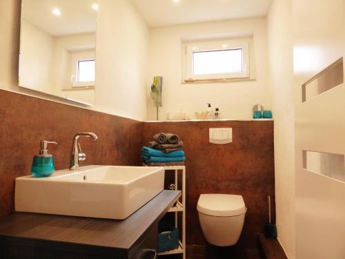 een badkamer met een wastafel, een toilet en een spiegel bij Das Nest Winterberg in Winterberg