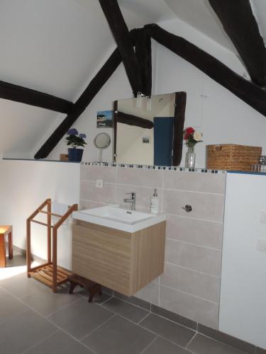 une salle de bain avec un lavabo et un miroir dans l'établissement Ilot Bonheur, à Ury