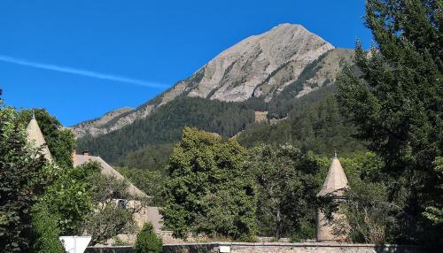 a mountain in the distance with trees and a building at Les Fauvettes in Saint-Léger-les-Mélèzes