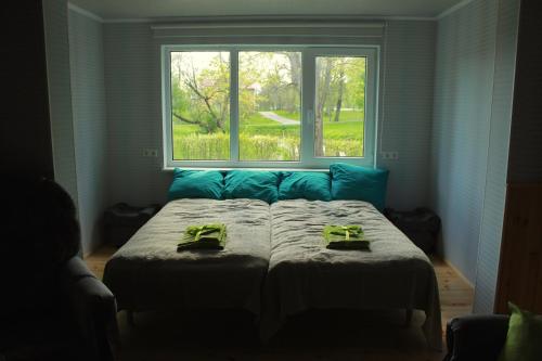 a bed sitting in a room with a window at Nurmeveski Holiday House in Nurme