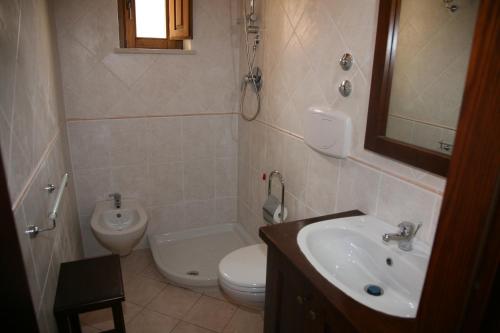 a bathroom with a sink and a toilet and a mirror at B&B Casa Sguitti nel Centro Storico tra Tropea e Capo Vaticano in Santa Domenica