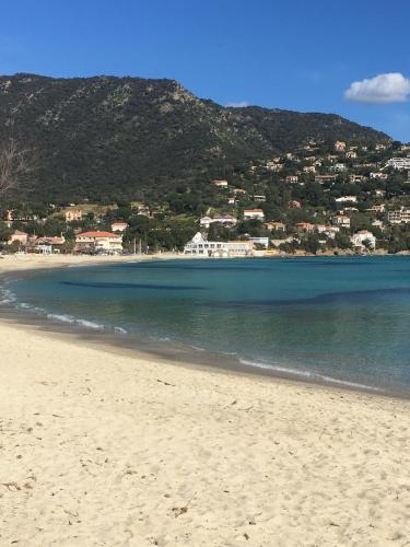 a view of a beach with a mountain in the background at Hôtel Méditerranée in Le Lavandou