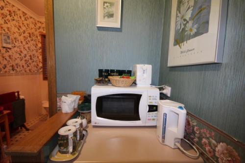 a microwave sitting on top of a kitchen counter at Kalimna Garden Room in Blackheath
