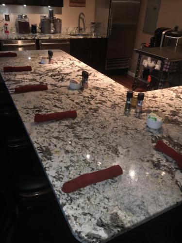 a kitchen counter with a bunch of ingrediants on it at Grafton Lodge in Lake Lure