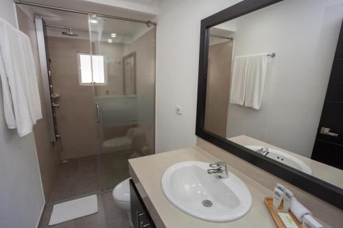 a bathroom with a sink and a shower and a mirror at Hotel Palermo Suite in Pasto